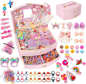 Hair Accessories Including Jewelry Box, Clips, Barrettes, Ties, Bows - Gift for Teen Girls Age 3-12