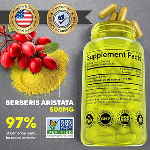 Berberine Supplement 500mg - USA Made Berberine 500mg - Non-GMO Berberine HCL - Berberine Supplements for Weight Management Energy Immune Support - 60 Capsules