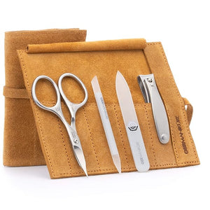 GERMANIKURE 4pc Mini Professional Manicure Set in Mustard Yellow Suede Case - FINOX Stainless Steel Tools Made in Solingen Germany Glass Nail Care Supplies Made in Czech Republic