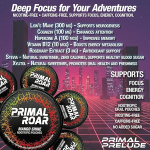 Caffeine Free Nootropics Pouches Made with Lion¡¯s Mane &amp Cognizin Citicoline | Nicotine Free Mental Clarity &amp Memory Support | No Sugar | 20 Pouches Per Can (Mango Shine)