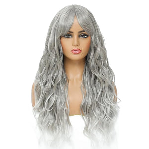 SWACC Long Curly Wavy Wig with Bangs Synthetic Hair Wig for Women with Wig Cap (Grey Silver Ombre)
