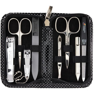 3 Swords Germany - brand quality 8 piece manicure pedicure grooming kit set synthetic leather case black silver spots - Made in Germany
