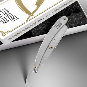 BRV MEN Professional Straight Edge Barber Razor w/ 100 Single Edge Razor Blades | Straight Razors for Men | Barbershop Accessories | Mens Shaving Knife &amp Shavette - Silver
