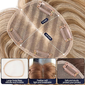 starluck Human Hair Toppers for Women Real Human Hair No BangsSilkHug Hand-woven Free Part 4*4.8 Base Cover Gray RootsBreathable £¨Mixed Blonde And Brown£©