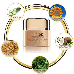 GLO24K Night Cream with 24k Gold Retinol Vitamins and Hyaluronic Acid. Optimally Hydrate your Skin while you sleep.
