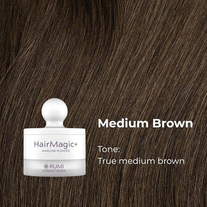 Rumi Cosmetiques HairMagic+ Root Touch Up Powder ? Instant Gray Hair Coverage &amp; Hairline Filler ? Water-Resistant, Natural Finish, Nourishing Formula with Argan Oil &amp; Vitamin E (Medium Brown)