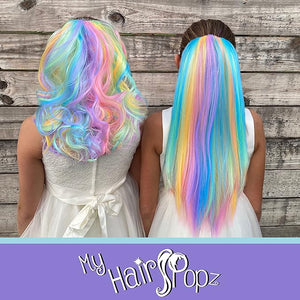 My Hair Popz Deluxe Synthetic Fiber Ponytail Hair Extensions | Heat and Tangle Resistant Colored Hair Extensions for Kids | Easy to Attach Ponytail for Child Friendly Use | Claw Clip | Pastel Rainbow