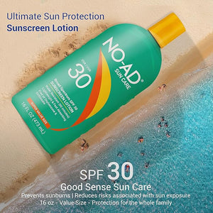 NO-AD SPF 30 Sunscreen Lotion | Broad Spectrum UVA/UVB Protection | Water Resistant | Octinoxate &amp Oxybenzone Free with moisturizing Vitamin E and Aloe 16oz | Pack of 2