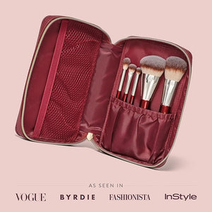 BK BEAUTY Travel Brush Set with Pouch 5-Piece Vegan Cruelty-Free Brushes for Face &amp Eyes | Lightweight Durable Makeup Brushes in Vegan Leather Pouch Perfect Travel-Size Makeup Brush Set