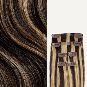 Luxy 100% Remy Human Hair Extensions for Thin Hair Thinning Hair Fill-Ins ? 6 Seamless Wefts Multi-Dimensional Color Blend - Natural-Looking Volume &amp Coverage 80 grams 16 Mocha Brown Highlights