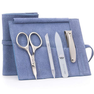 GERMANIKURE 4pc Mini Professional Manicure Set in Light Blue Suede Case - FINOX Stainless Steel Tools Made in Solingen Germany Glass Nail Care Supplies Made in Czech Republic