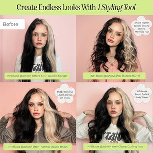 INH Hair 3-in-1 Quick Change Styler | Interchangeable Styling Tool with 3 Detachable Heads: Thermal Round Brush Clamp Curling Iron and Bubble Barrel