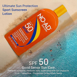 NO-AD SPF 50 SPORT Sunscreen Lotion | Hypoallergenic | Broad Spectrum UVA/UVB Protection | Water Resistant | Octinoxate &amp; Oxybenzone Free with moisturizing Vitamin E and Aloe 16oz