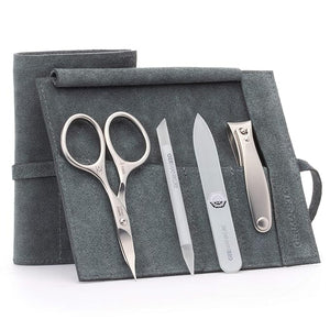 GERMANIKURE 4pc Mini Professional Manicure Set in Suede Case - FINOX Stainless Steel Tools Made in Solingen Germany Glass Nail Care Supplies Made in Czech Republic