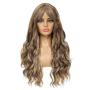 SWACC Long Curly Wavy Wig with Bangs Synthetic Hair Wig for Women with Wig Cap (Brown Blond Highlight)
