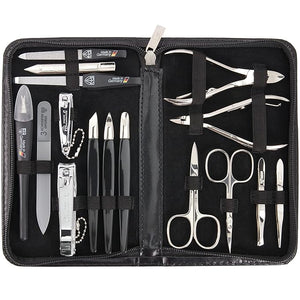 3 Swords Germany - brand quality 16 piece manicure pedicure grooming kit set for professional finger &amp toe nail care scissors clipper black synthetic leather case Made in Germany