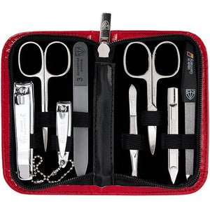 3 Swords Germany - brand quality 8 piece manicure pedicure grooming kit set synthetic leather case red - Made in Germany