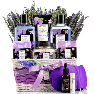 Womens Christmas Gifts ? Holiday Gift Baskets for Women Spa Gifts for Women Who Have Everything ? Bath and Body Gifts for Mom Her Lavender &amp Lilac Bath Set Soap Bath Bomb Jojoba Oil Lip Balm