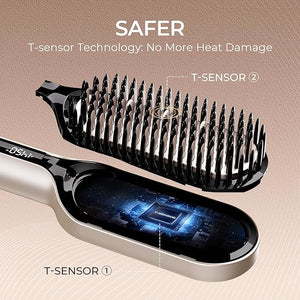TYMO Hair Straightener Brush - Upgraded Ionic Plus Straightening Brush with Dense Bristles 16 Temps Dual Voltage | Ceramic Hot Comb for Women | Flat Iron for Thick Curly Hair Gold