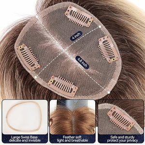 starluck Human Hair Toppers for Women Real Human Hair With Bangs,SilkHug Hand-woven Free Part 4"*4.8" Base Cover Gray Roots,Breathable,£¨Ombre Blonde£©