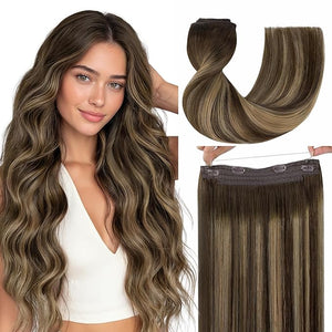 GOO GOO Wire Hair Extensions Human Hair 4/27/4 Chocolate Brown with Caramel Blonde Balayage 20inch 110g Invisible Wire Hair Extensions with Transparent Seamless Fish Line Hairpiece