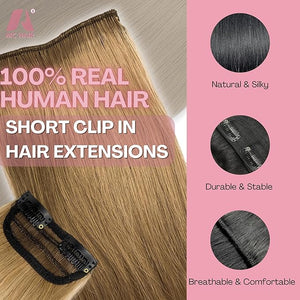 2 Pcs Short Hair Extensions, Human Hair Clip in Extensions for Women 8 Inch Chestnut Brown