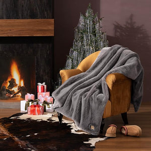 UGG Euphoria Plush Faux Fur Throw Blanket, Oversized Soft Throw for Bed or Couch, Luxury Bedroom Decor, Holiday Blankets, Machine Washable, 50-inch x 70-inch, Charcoal Grey