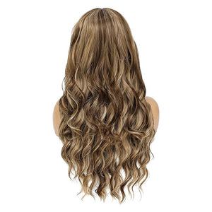 SWACC Long Curly Wavy Wig with Bangs Synthetic Hair Wig for Women with Wig Cap (Brown Blond Highlight)