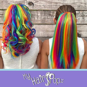 My Hair Popz Deluxe Synthetic Fiber Ponytail Hair Extensions | Heat and Tangle Resistant Colored Hair Extensions for Kids | Easy to Attach Ponytail for Child Friendly Use | Claw Clip | Rainbow