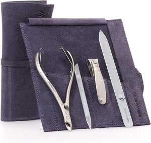 GERMANIKURE 4pc Manicure Set in Purple Suede Case - FINOX Stainless Steel Tools Made in Germany Glass Nail Care Supplies Made in Czech Republic ? Professional Cuticle and Nail Care Kit
