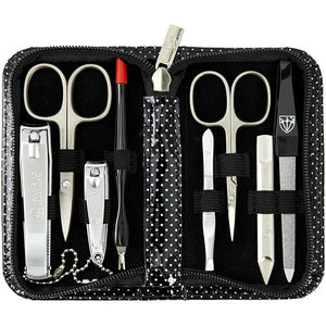 3 Swords Germany ? brand quality 8 piece manicure pedicure grooming kit set for professional nail care with synthetic leather case black silver spots - Made in Germany