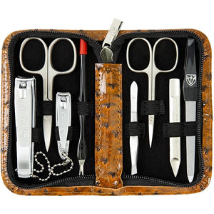 3 Swords Germany ? brand quality 8 piece manicure pedicure grooming kit set for professional nail care with synthetic leather case ostrich cognac - Made in Germany