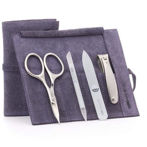 GERMANIKURE 4pc Mini Professional Manicure Set in Purple Suede Case - FINOX Stainless Steel Tools Made in Solingen Germany Glass Nail Care Supplies Made in Czech Republic