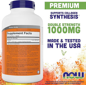 Now Foods L-Lysine 1000mg - Double Strength - 300 Tablets - Non-GMO Amino Acid Supplement (Llysine Hydrochloride)- 1000 mg Tabs - Vegan/Vegetarian