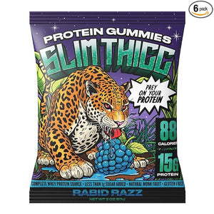 SlimThicc Protein Gummies 6-Pack ? 15g Protein Each (90g Total) 88 Calories Low Sugar ? Delicious High-Protein Gluten-Free Anti-Melt Non-GMO Candy (Rabid Razz)