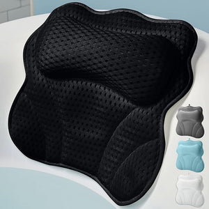 WONDERfoam Thick Padded Ergonomic Bath Pillow for Tub Bathtub Headrest Neck and Back Support Strong Suction Cups Machine Washable Breathable Mesh Quick Dry Pillows Luxury Spa Accessories Black