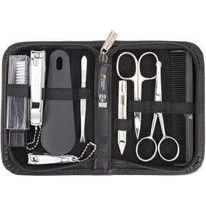 3 Swords Germany ? brand quality 10 piece manicure pedicure grooming kit set for nail care tweezers file clipper Made by 3 Swords (BLACK - GENUINE LEATHER)