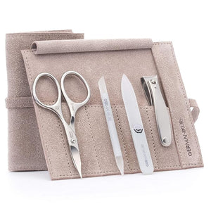 GERMANIKURE 4pc Mini Professional Manicure Set in Beige Suede Case - FINOX Stainless Steel Tools Made in Solingen Germany, Glass Nail Care Supplies Made in Czech Republic