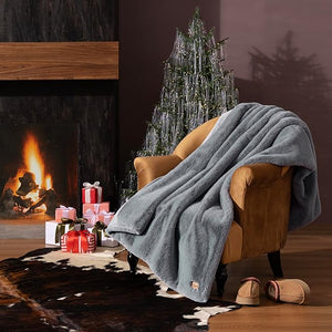 UGG Euphoria Plush Faux Fur Throw Blanket Oversized Soft Throw for Couch or Bed Luxury Home Decor Giftable Christmas Blankets Machine Washable 50-inch x 70-inch Chambray Blue Grey