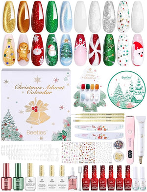 beetles Gel Polish Merry Glitzmas 2025 Christmas Advent Calendar ? 24 Days Christmas Countdown Nail Art Set with Mini LED Nail Lamp Base Top Coat and Festive Holiday Surprises Gifts for Women Girls