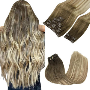 GOO GOO Clip in Hair Extensions Real Human Hair Remy Human Hair Extensions Clip ins for Women Natural Human Hair 20inch 150g 9Pcs 3/8/613 Balayage Walnut Brown to Ash Brown and Bleach Blonde