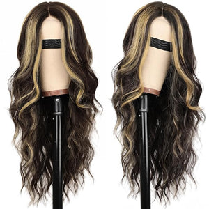 AISI HAIR Long Wavy Dark Brown with Blonde Highlight Lace Hairline Wigs for WomenMiddle Part Synthetic Heat Resistant Wig for Daily Party-26 Inch