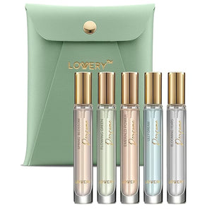 LOVERY Birthday Gifts For Her and Him Perfume Set Pack of 5 - Perfume Sampler Sets for Women &amp Men with Leather Pouch - 10ml Mini Perfume for Travel Gifts Solo Scent &amp Layering Fragrances