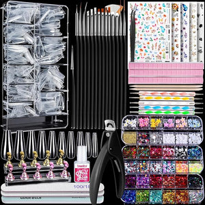 Teenitor Press On Nail Kit - Clear Coffin Nail Tips Art Brushes Dotting Pen Glitter Stickers &amp Rhinestones