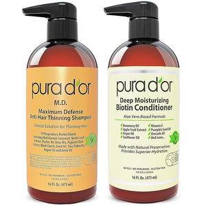 PURA D'OR MD Anti-Thinning Biotin Shampoo &amp Conditioner Set (16oz x2) Maximum Defense Coal-Tar Strong Scented Hebal Blend Hair Thickening Products For Women &amp Men Daily Shampoo For Scalp Heal