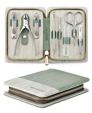 Manicure Set 8 in 1Professional Pedicure kitStainless Steel Manicure KitPortable Travel Grooming Kit Nail Care ToolsNail Clippers Pedicure Tools with Leather Travel Case (Green)