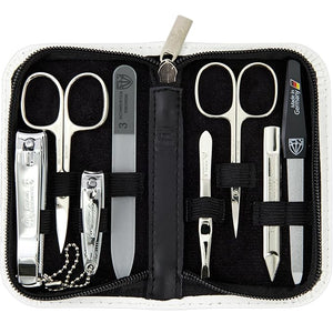 Swords Germany - brand quality 8 piece manicure pedicure grooming kit set for professional nail care genuine leather case white - Made in Germany