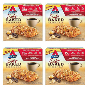 Atkins Vanilla Macadamia Nut Flavored Soft Baked Energy Bars High in Protein Low Sugar High Fiber Snack Protein Snack 4 Packs (4 Bars Each)