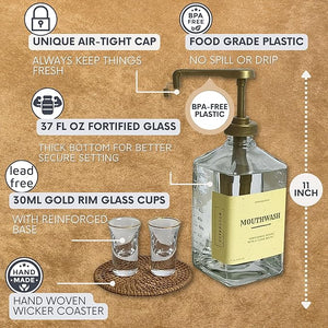 eBun Goldengleam Glass Mouthwash Dispenser (Gold Plastic Pump) 37oz Mouthwash Pump Dispenser, Mouth Wash Holder with Rinse Cup, Mouth Wash Glass Bottle, Decanter, Large Bottle for Bathroom Set
