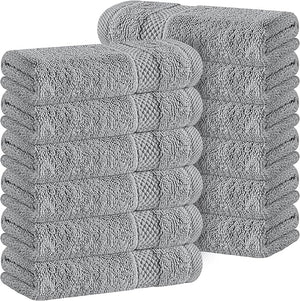 White Classic Light Grey Luxury Cotton Washcloths 12 Pc Set - Large 13x13 Inches Hotel Style Face Towel High Absorbent Quick Dry Wash Cloths for Home Spa Gym Light Grey 12 Pack